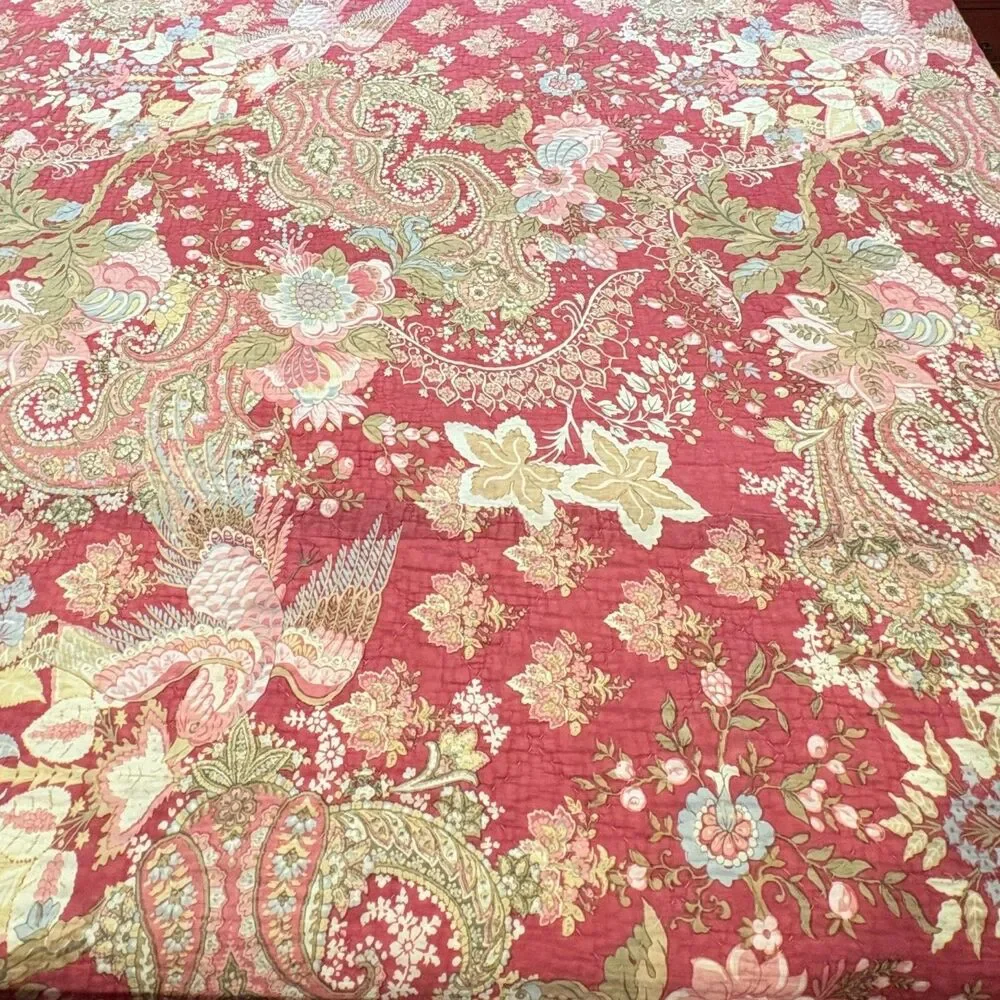 Pottery Barn Reversible Bird Floral Paisley Cotton King Quilt 2 Standard Shams
